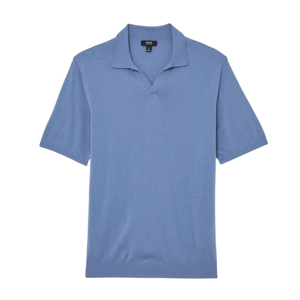 REISS Duchie Merino Wool Open-Collar Polo Shirt in Nordic Blue
